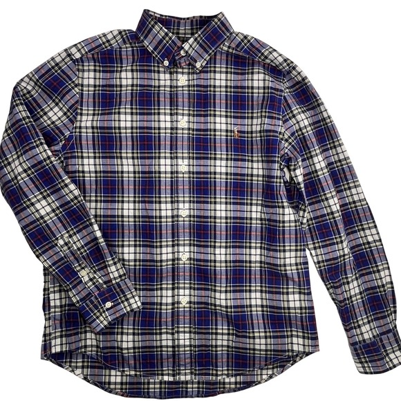 Ralph Lauren Boys Natural Stretch Button Down Blue Plaid 14/16 Large Flesh Pony - Picture 2 of 8